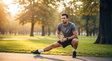Young handsome man in sportswear doing stretching exercises in the park.の素材