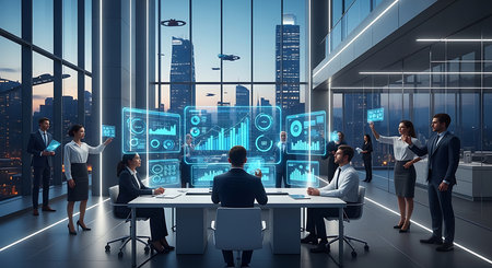 Business people working together in modern office. Mixed media. Mixed mediaの素材