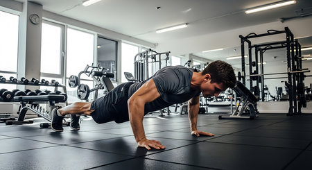 young man doing push-ups on the floor in a modern gymの素材