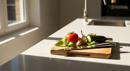 vegetables on the kitchen table with knife and cutting board.の素材