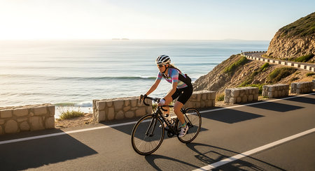 Cyclist Riding the Bike on the Road to the Atlantic Oceanの素材