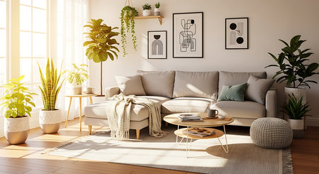 Interior of modern living room with sofa, coffee table and plants. 3d renderの素材