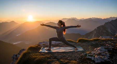 Young woman practicing yoga on the top of a mountain at sunset.の素材