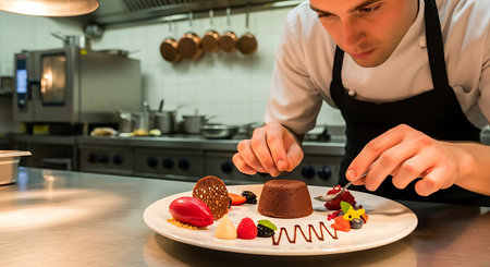 Male chef decorating a chocolate cake in the kitchen of a restaurantの素材