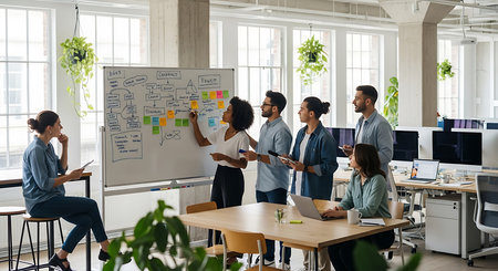 Group of multiethnic business people working and communicating together in modern officeの素材