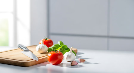 Fresh vegetables on a cutting board with knife and fork on a white kitchen tableの素材