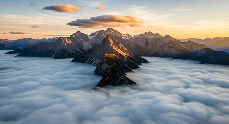 Mountain landscape with clouds at sunset. Panoramic view.の素材