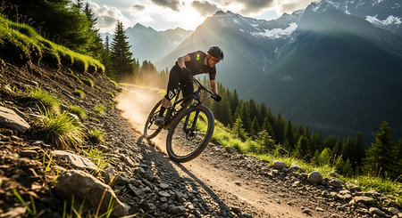 Cyclist Riding the Mountain Bike on the Trail in the Swiss Alps.の素材