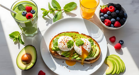 Healthy breakfast with avocado toast, poached egg, berries and smoothieの素材