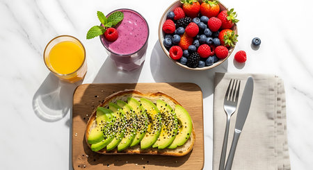 Healthy breakfast with fresh berries, avocado and smoothie on white backgroundの素材