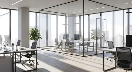 Contemporary open space office interior with panoramic city view. 3D Renderingの素材