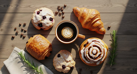 Coffee and croissants on wooden table, top viewの素材