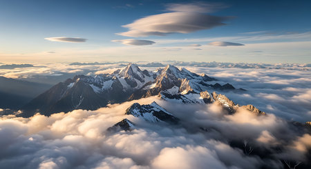 Beautiful panoramic view of Himalaya mountain range with clouds and blue skyの素材