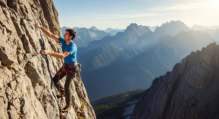 The climber climbs on a rocky wall against the background of the mountains.の素材