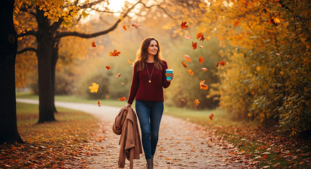 Beautiful young woman with coffee cup walking in the autumn park.の素材
