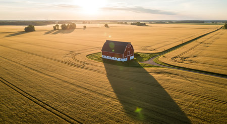 Aerial view of a farmhouse in the middle of a wheat field at sunset.の素材