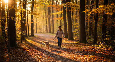 Young woman walking with her dog in the autumn forest at sunset.の素材