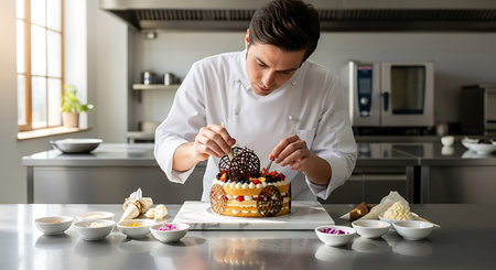 Handsome chef decorating delicious cake in kitchen, closeupの素材