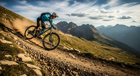 Cyclist Riding the Mountain Bike on the Rocky Trail in the Rocky Mountains. Extreme Sport Concept.の素材