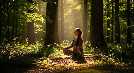 Young woman meditating in the forest. Yoga and meditation concept.の素材