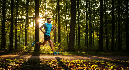 Running man jogging in forest at sunrise. Sport fitness model caucasian ethnicity training outdoor.の素材