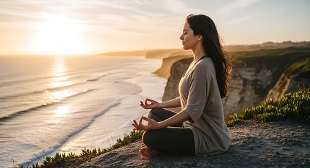 Young woman practicing yoga on the cliff at sunset. Meditation and relaxation concept.の素材