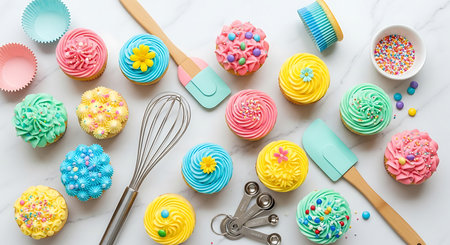 Cupcakes decorated with colorful buttercream frosting and sprinkles.の素材