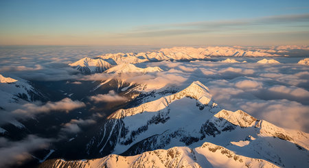 Aerial view of snow covered mountains at sunset. Caucasus Mountains, Georgia, region Gudauri.の素材