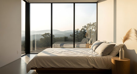 Modern bedroom interior with panoramic window and mountain view. 3D Renderingの素材
