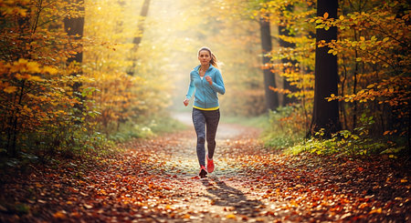 Young woman jogging in autumn forest. Sport and healthy lifestyle.の素材