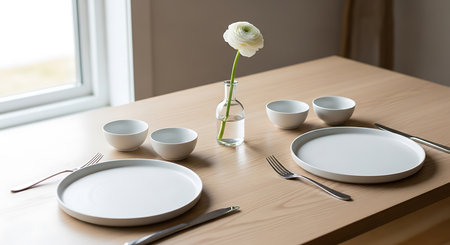 Table setting with empty plates, cutlery and flower on wooden tableの素材