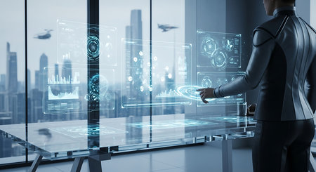 Robot humanoid using hologram screen in modern office. Mixed mediaの素材