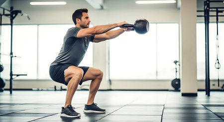 young man exercising with kettlebell in gym, sport and healthy lifestyleの素材