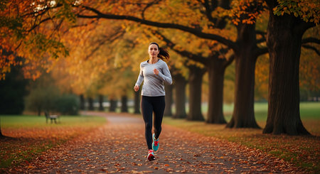 Young woman running in autumn park. Healthy lifestyle and sport concept.の素材