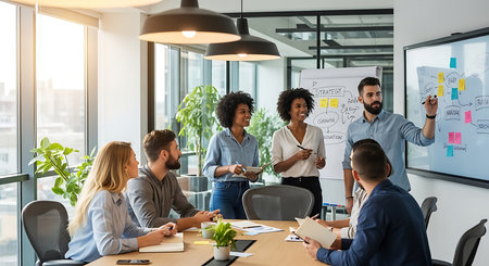 Multiethnic startup business team on meeting in modern bright office interior brainstorming, working on laptop and tablet computerの素材
