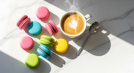 Colorful macaroons and cup of coffee on white marble tableの素材