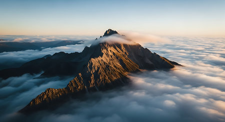 Mountain peak in the clouds at sunrise, panoramic viewの素材