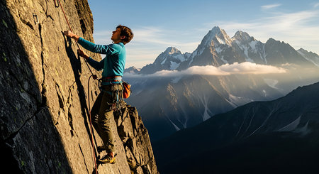 Climber on the top of a mountain reaches for the sunの素材