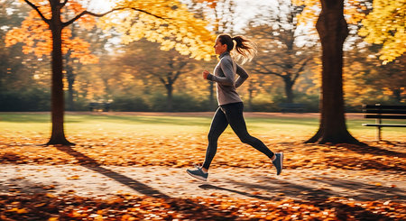Young woman running in the park on a sunny autumn day. Healthy lifestyle.の素材
