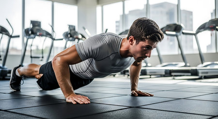 young man doing push-ups on floor in fitness center and looking awayの素材