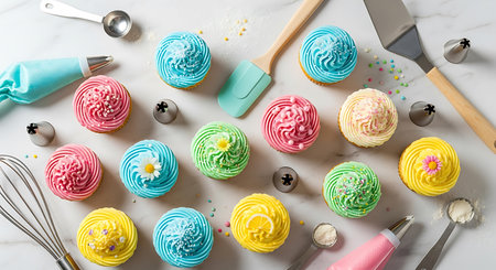 Colorful cupcakes with buttercream frosting on white marble backgroundの素材