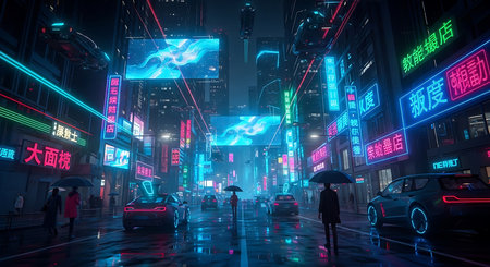 3D rendering of night city street with neon lights and people walkingの素材