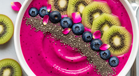 Blueberry smoothie bowl with chia seeds, kiwi and blueberriesの素材