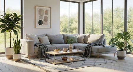 interior modern bright room with sofa 3D rendering illustration computer generated imageの素材