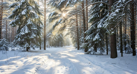 Beautiful winter landscape with snow covered trees and sun rays in the forestの素材