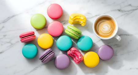 Colorful macaroons with cup of coffee on white marble tableの素材