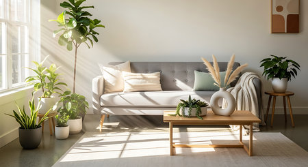 Living room interior with sofa and plants. 3d render illustration.の素材