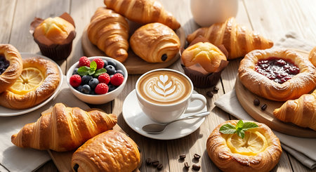 Breakfast with coffee and croissants on wooden table, closeupの素材