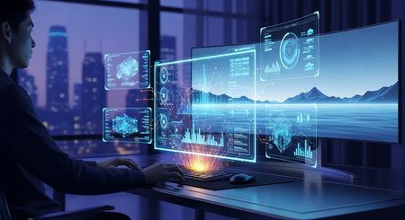 Side view of businessman working on laptop with digital business interface on screen. Mixed mediaの素材