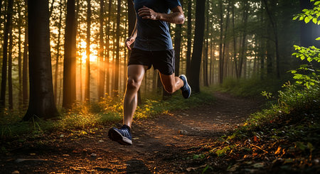 Runner athlete running on forest trail at beautiful sunrise in the morning.の素材